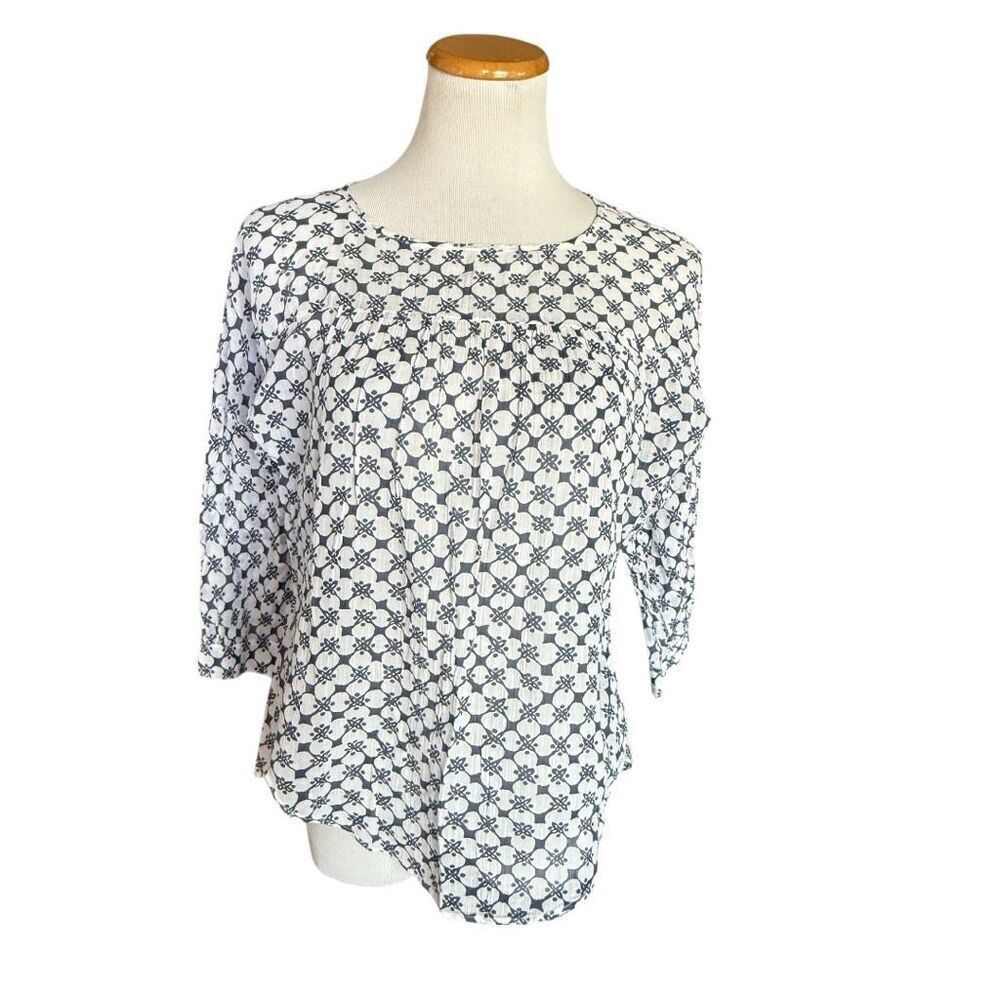 Womens Ann Taylor Loft Blue and White Print Airy 3/4 Sleeve Top Blouse - Sz XS